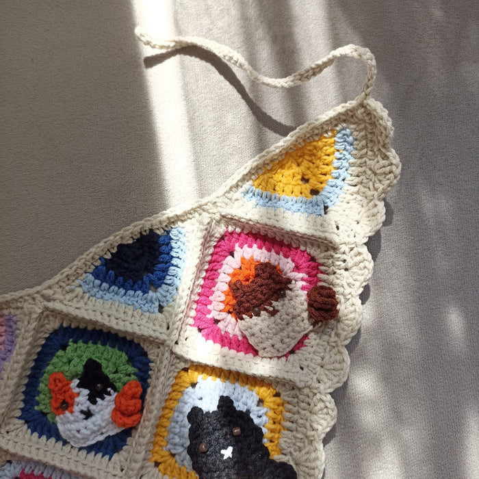 Sevimli Kedi Motifli El Örgüsü Bandana - Örgü Kedili Bandana