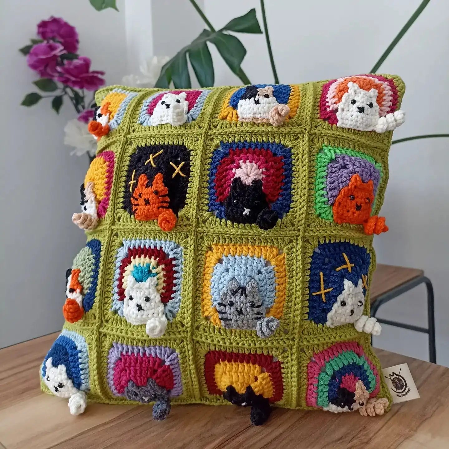 Cat Motif Crochet Cushion Cover, Cat Pillow Case
