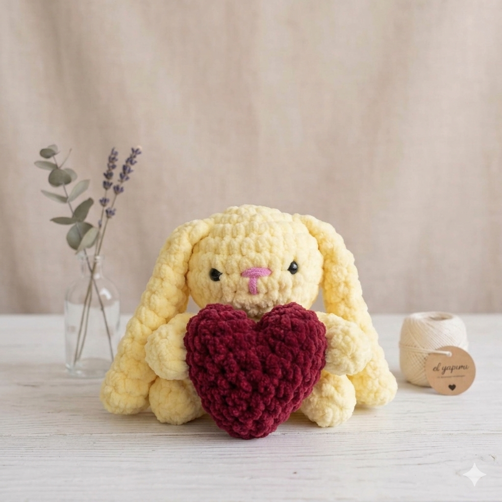Kalp Tutan Sarı Peluş Tavşan - Amigurumi Kadife Tavşan - Yumuşak Kadife Örgü Oyuncak - Bebek Uyku Arkadaşı Oyuncak - Sevgiliye Hediye Örgü Tavşan