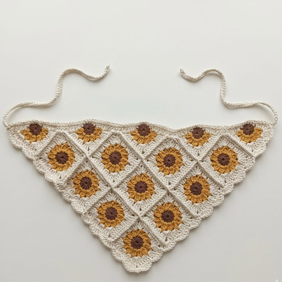 Ayçiçeği Bandana / Ekru / Ayçiçeği Motifli El Yapımı Tığ İşi Bandana / El Yapımı Trend Şıklık