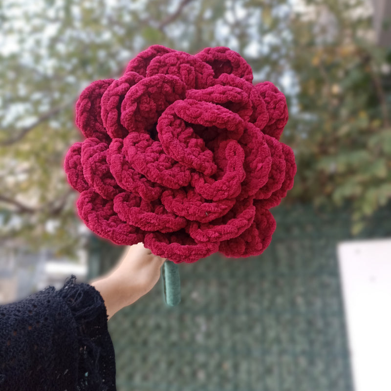 El Yapımı Dev Kadife Gül (50 cm) - Bordo - Lüks Pofuduk Dekoratif Çiçek