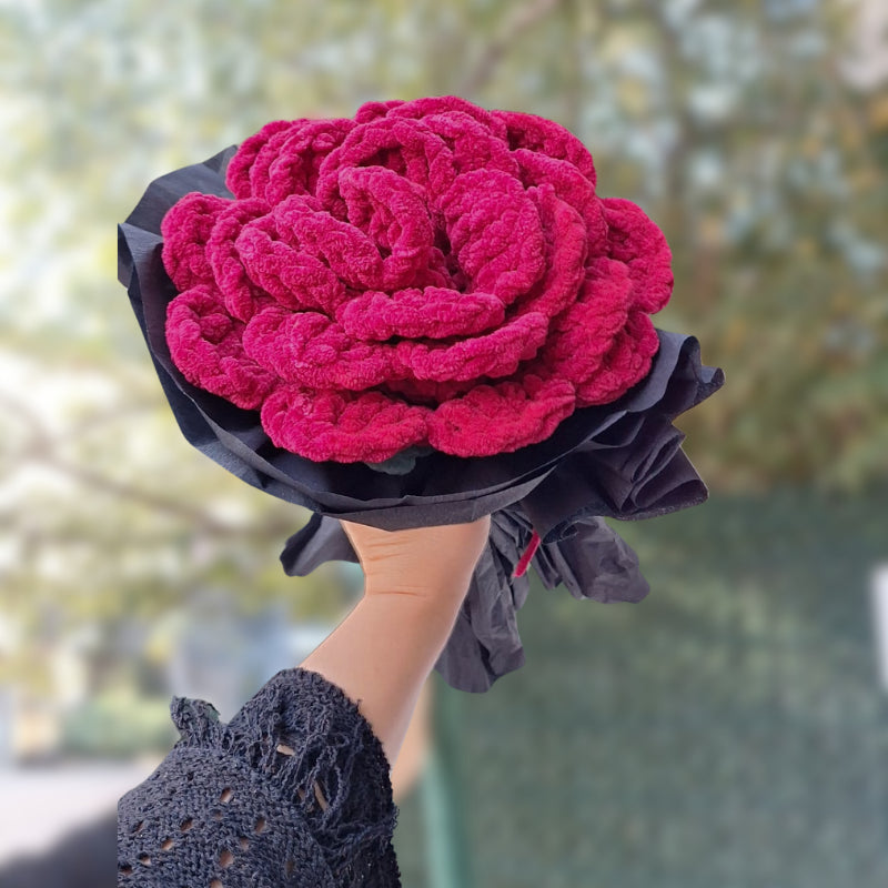 El Yapımı Dev Kadife Gül (50 cm) - Bordo - Lüks Pofuduk Dekoratif Çiçek