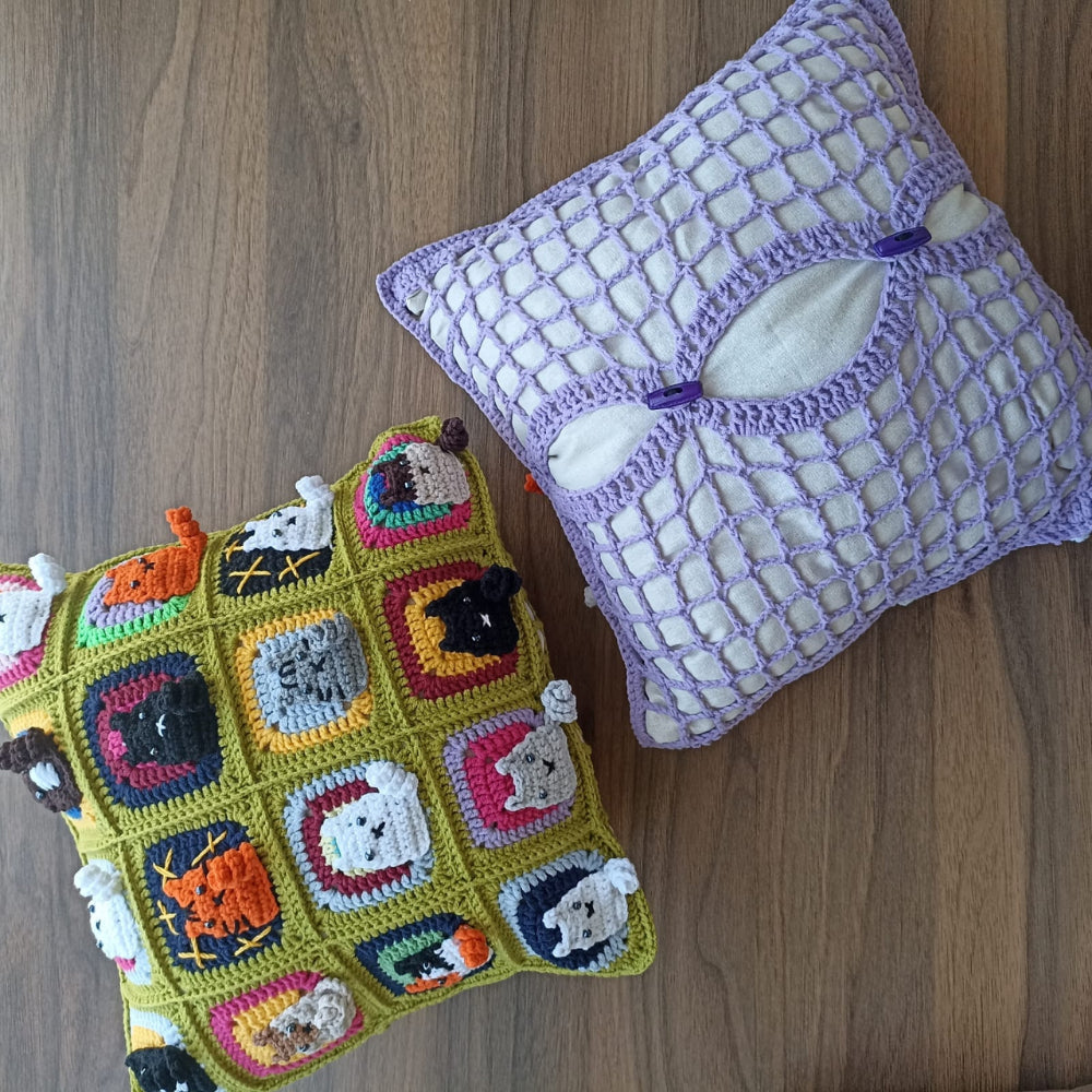 Kedili Kırlent Mor, Kedi Motifli Örgü Kırlent Kılıfı, Kedili Yastık Kılıfı