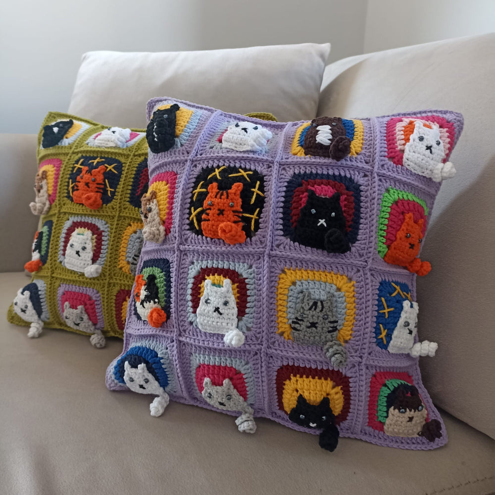 Kedili Kırlent Mor, Kedi Motifli Örgü Kırlent Kılıfı, Kedili Yastık Kılıfı