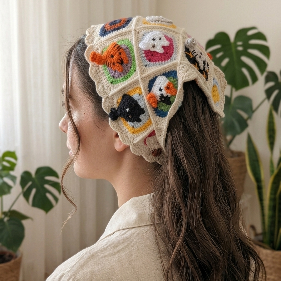 Sevimli Kedi Motifli El Örgüsü Bandana - Örgü Kedili Bandana