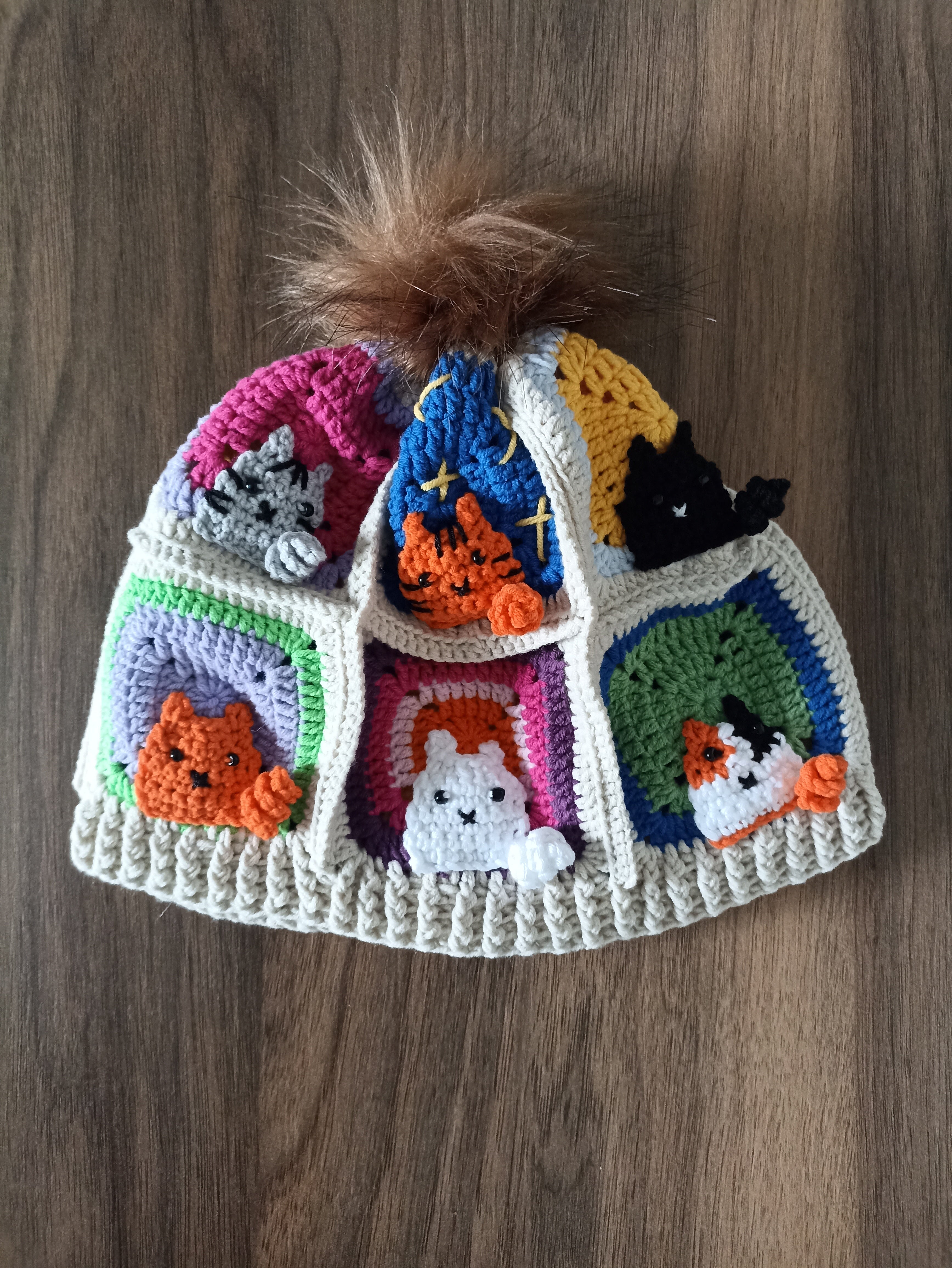 Cat Motif Pompom Crochet Beanie - Hand Knitted Winter Hat