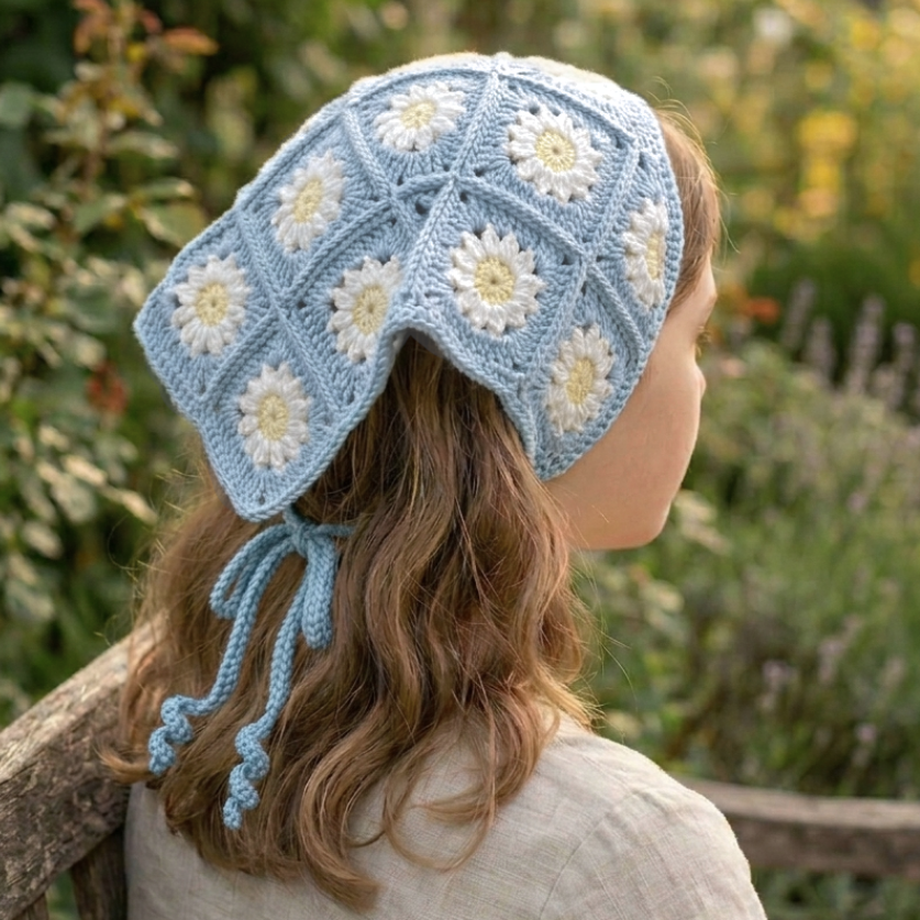 Papatya Bandana / Mavi / Örgü Papatya Motifli El Örgüsü Bandana - El Yapımı Trend Şıklık