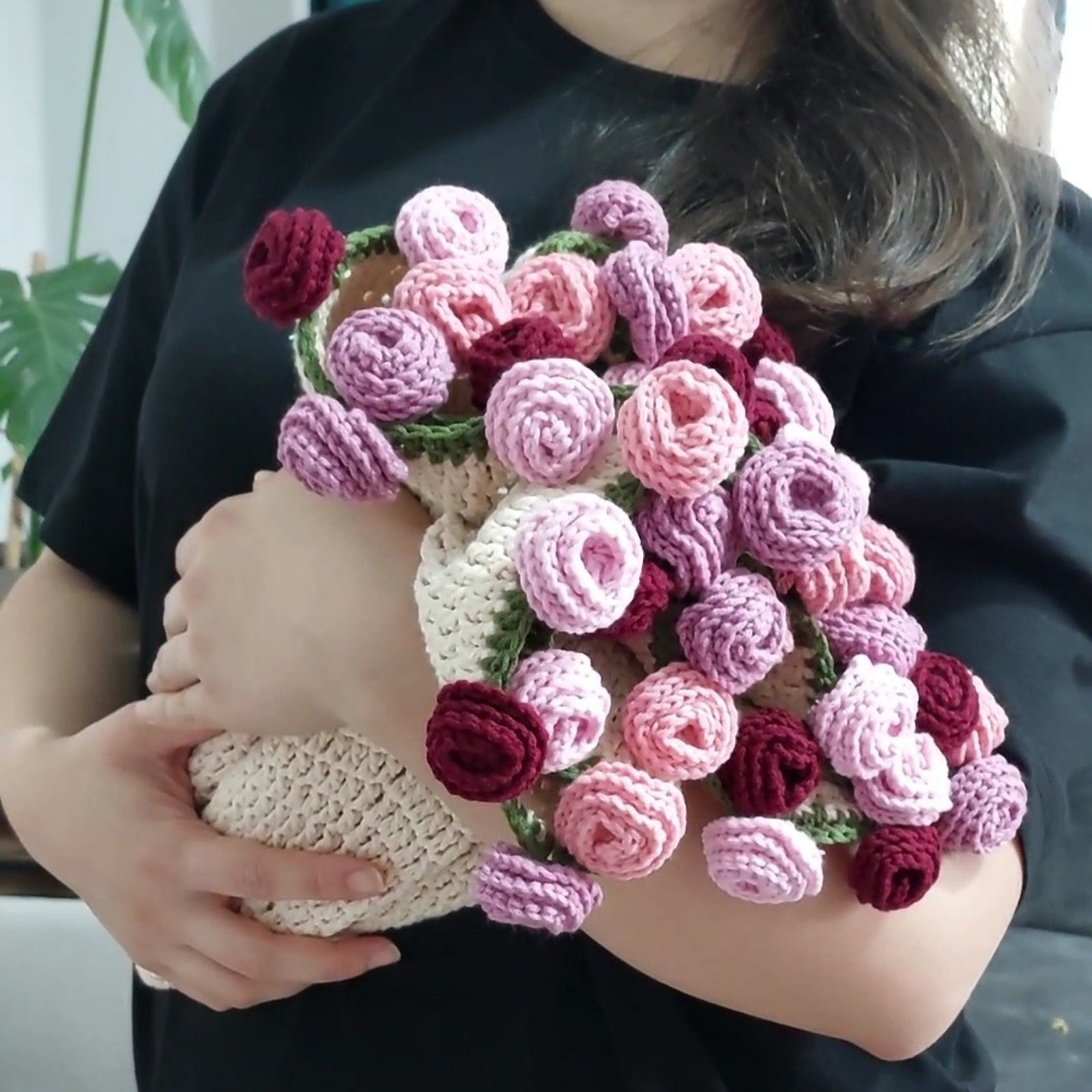 Handmade Crochet Mixed Pink Roses Bouquet Blanket