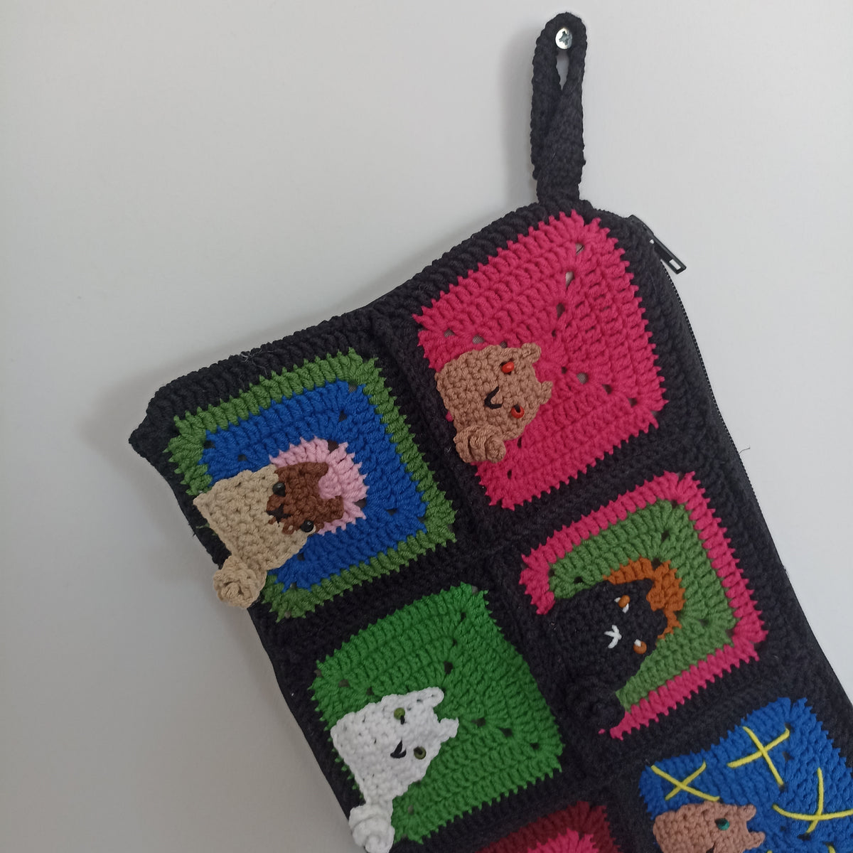 Kedili Örgü Makyaj Çantası/Kalemlik/Tablet Çantası - Siyah