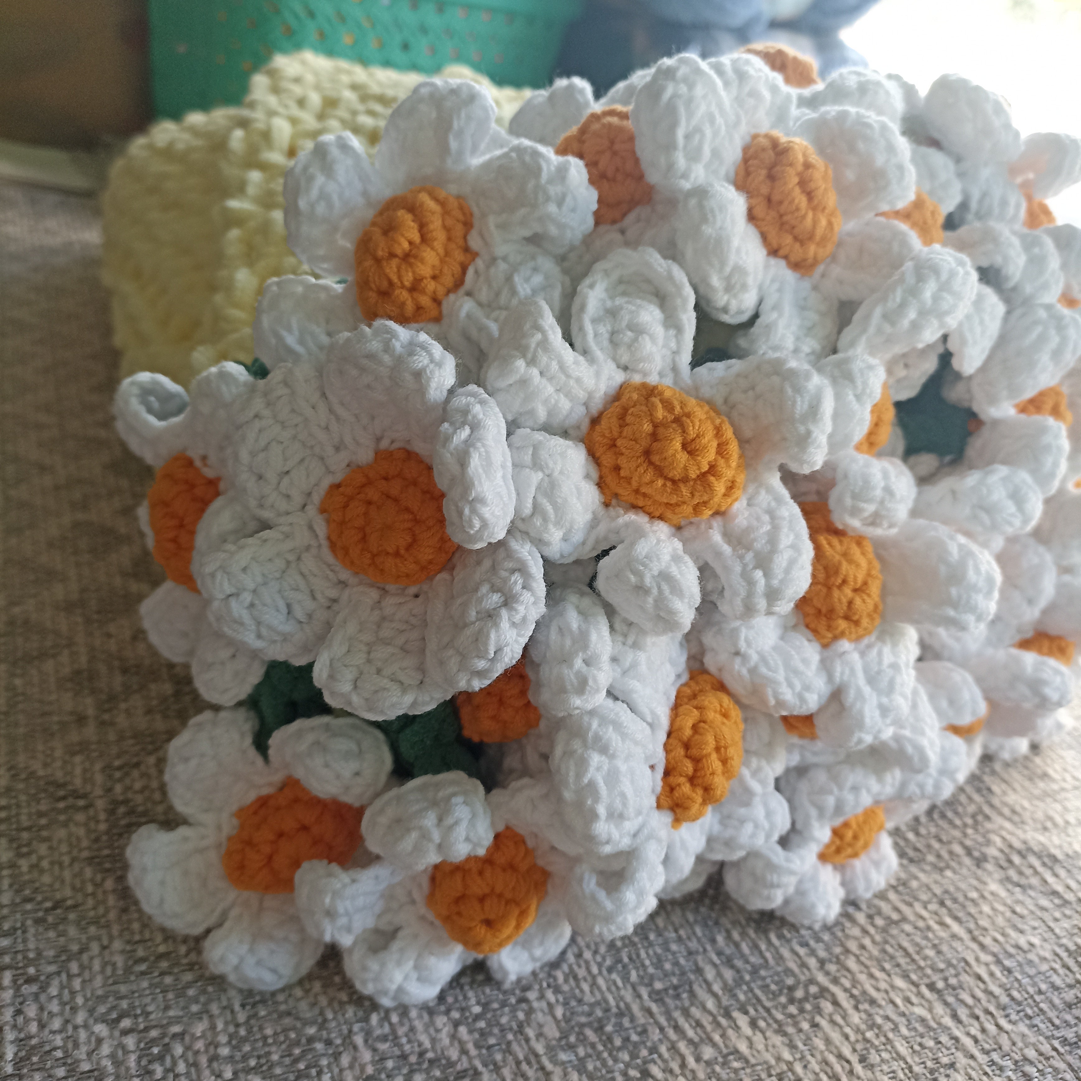 El Yapımı Papatya Kadife Buket Battaniye - Sarı -  Tasarım Ürün (80 cm - 100 cm - 120 cm çapında)