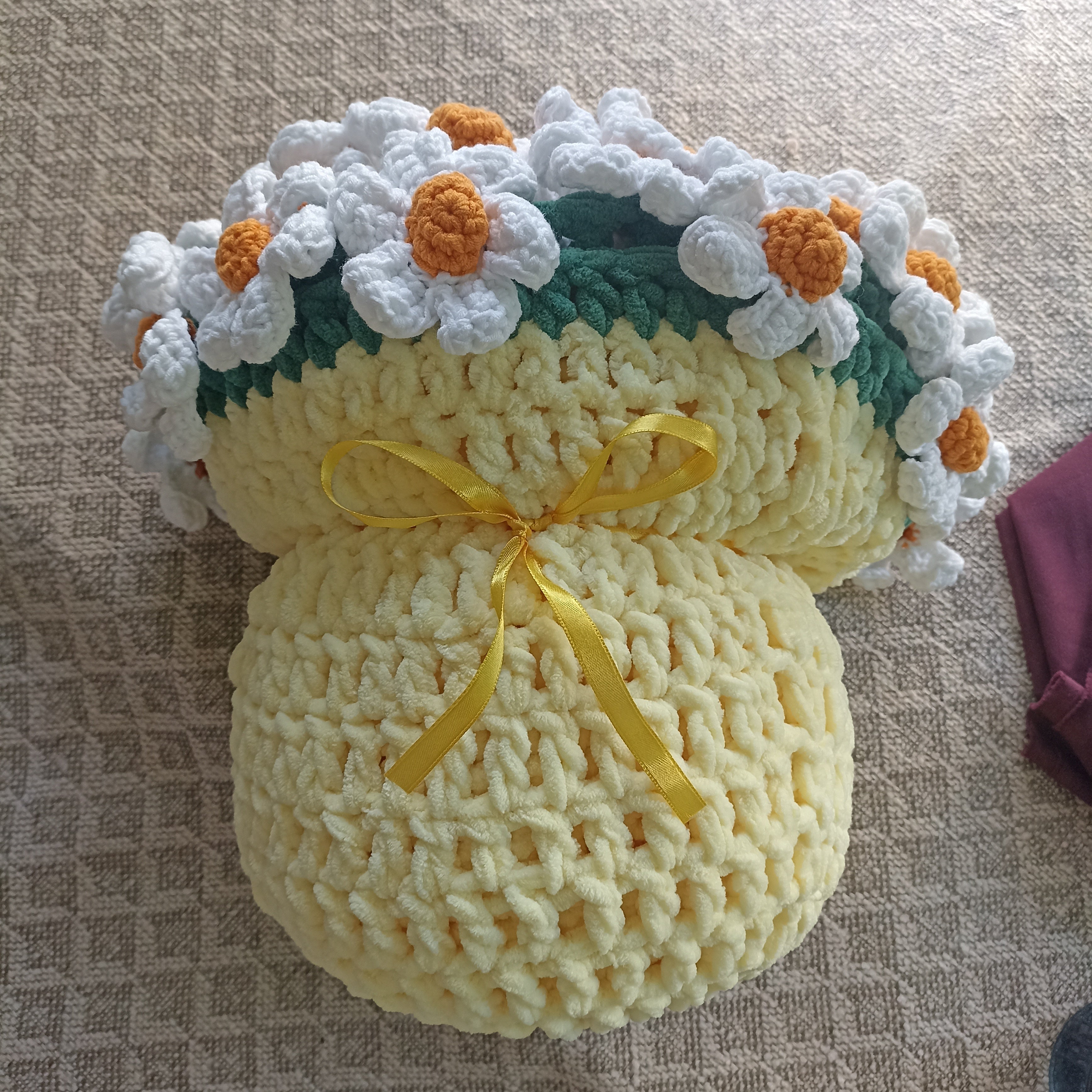 El Yapımı Papatya Kadife Buket Battaniye - Sarı -  Tasarım Ürün (80 cm - 100 cm - 120 cm çapında)