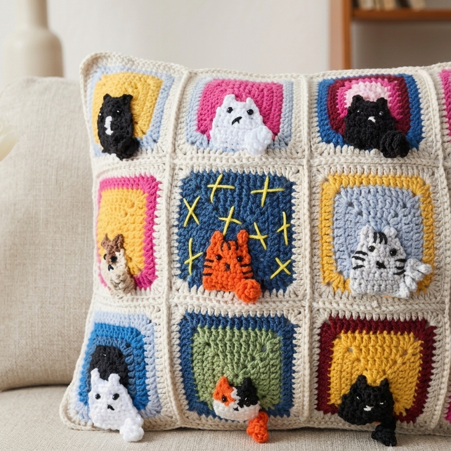 El Örgüsü Kedi Motifli Kırlent Kılıfı, Ekru, Rengarenk Kedili Kırlent Kılıfı 30x40 cm