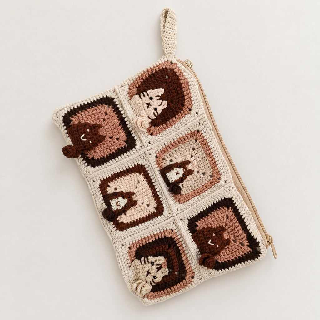 Kedili Örgü Makyaj Çantası/Kalemlik/Tablet Çantası - Kahve Tonlu Kedi Figürlü Makyaj Çantası