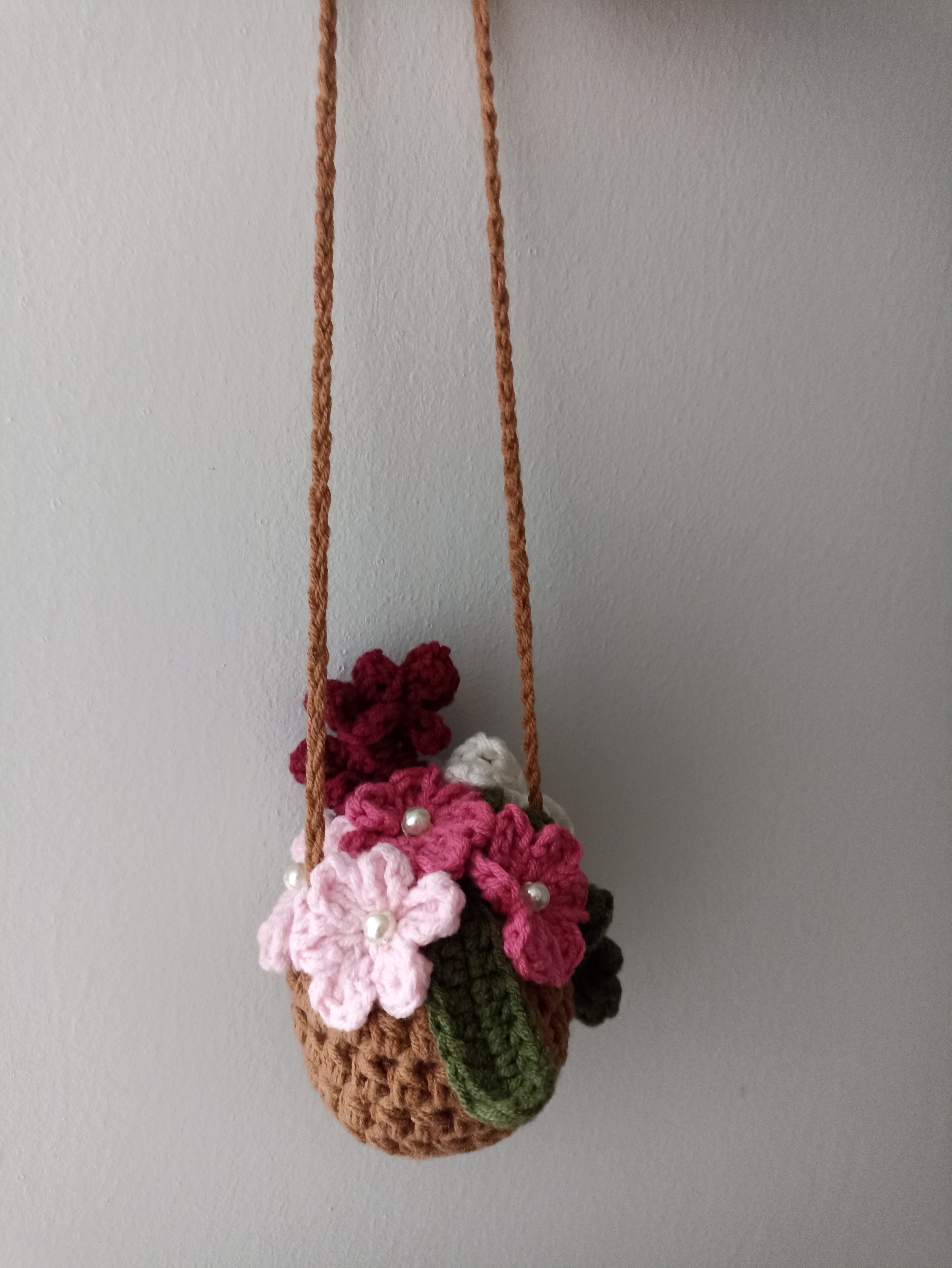 Pink Flower Rearview Mirror Ornament - Knitted Car Ornament and Decorative Ornament