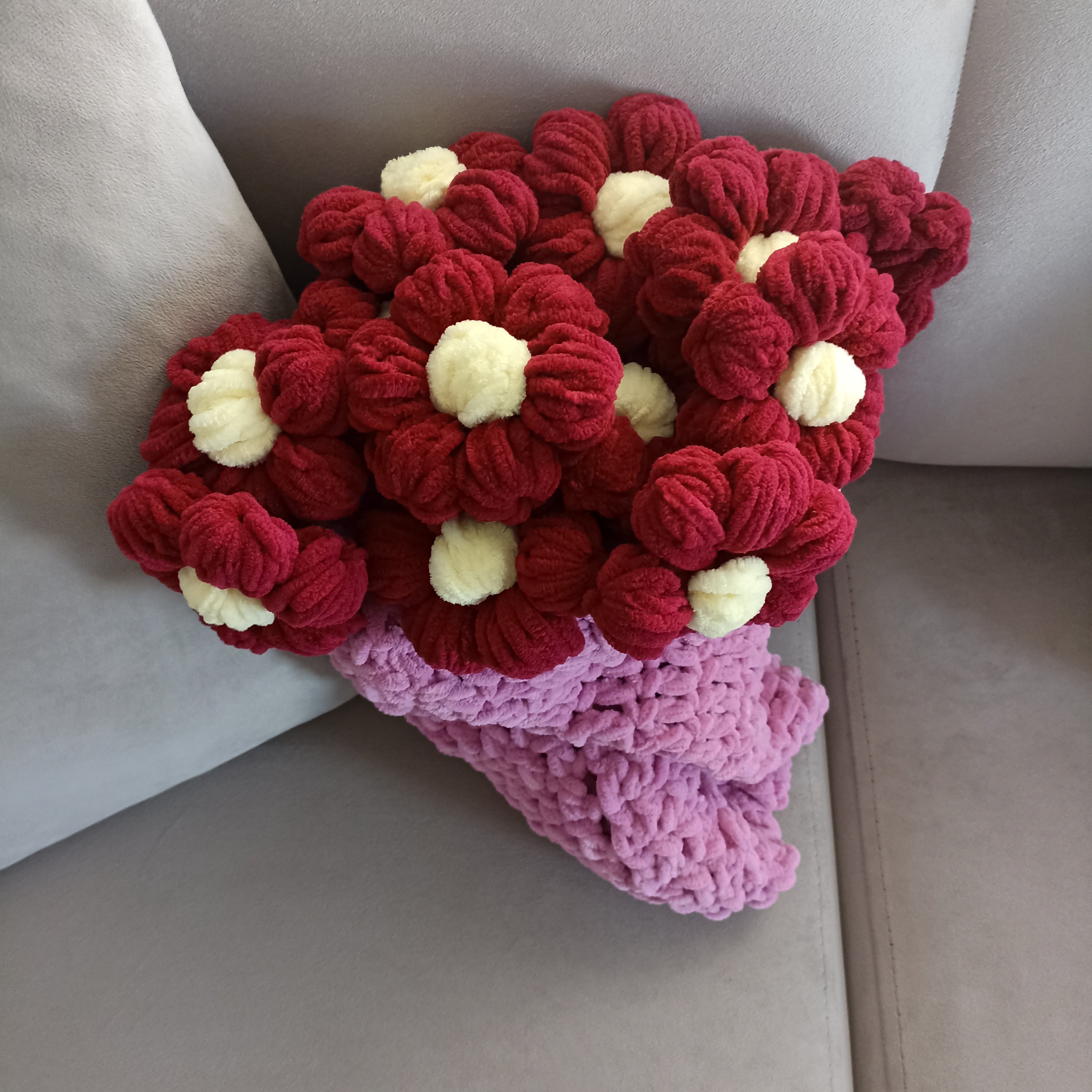 Puf Papatya Pofuduk Buket Battaniye - Örgü Buket Battaniye (80 cm)