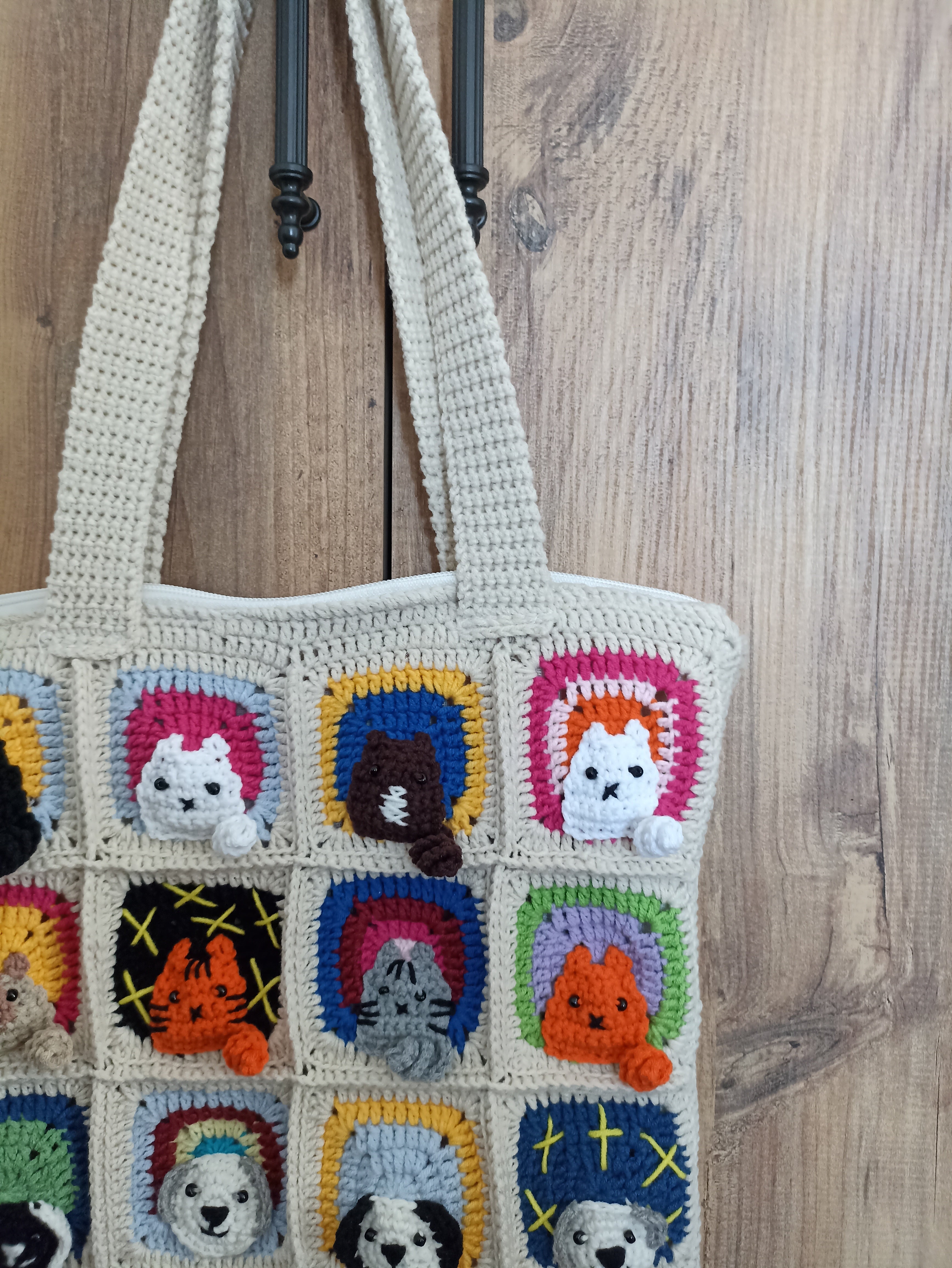 Kedi & Köpek Mix Motifli Örgü Çanta - Mini Cüzdan Hediyeli