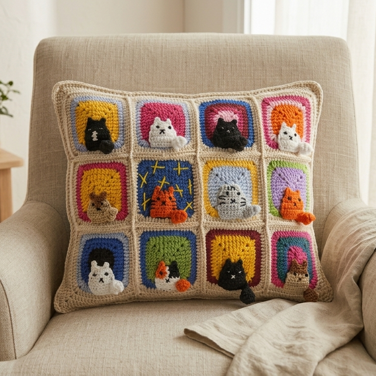 El Örgüsü Kedi Motifli Kırlent Kılıfı, Ekru, Rengarenk Kedili Kırlent Kılıfı 30x40 cm