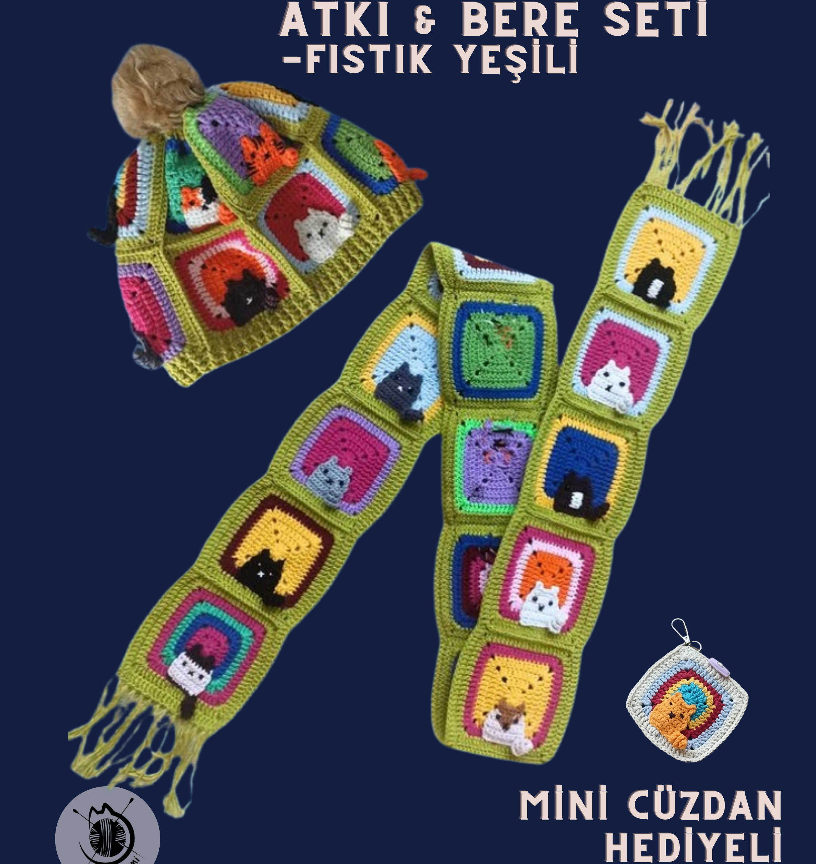 Örgü Kedili Bere ve Atkı İkili Set - Fıstık Yeşili - Kedi Temalı Örgü Atkı ve Ponponlu Örgü Bere