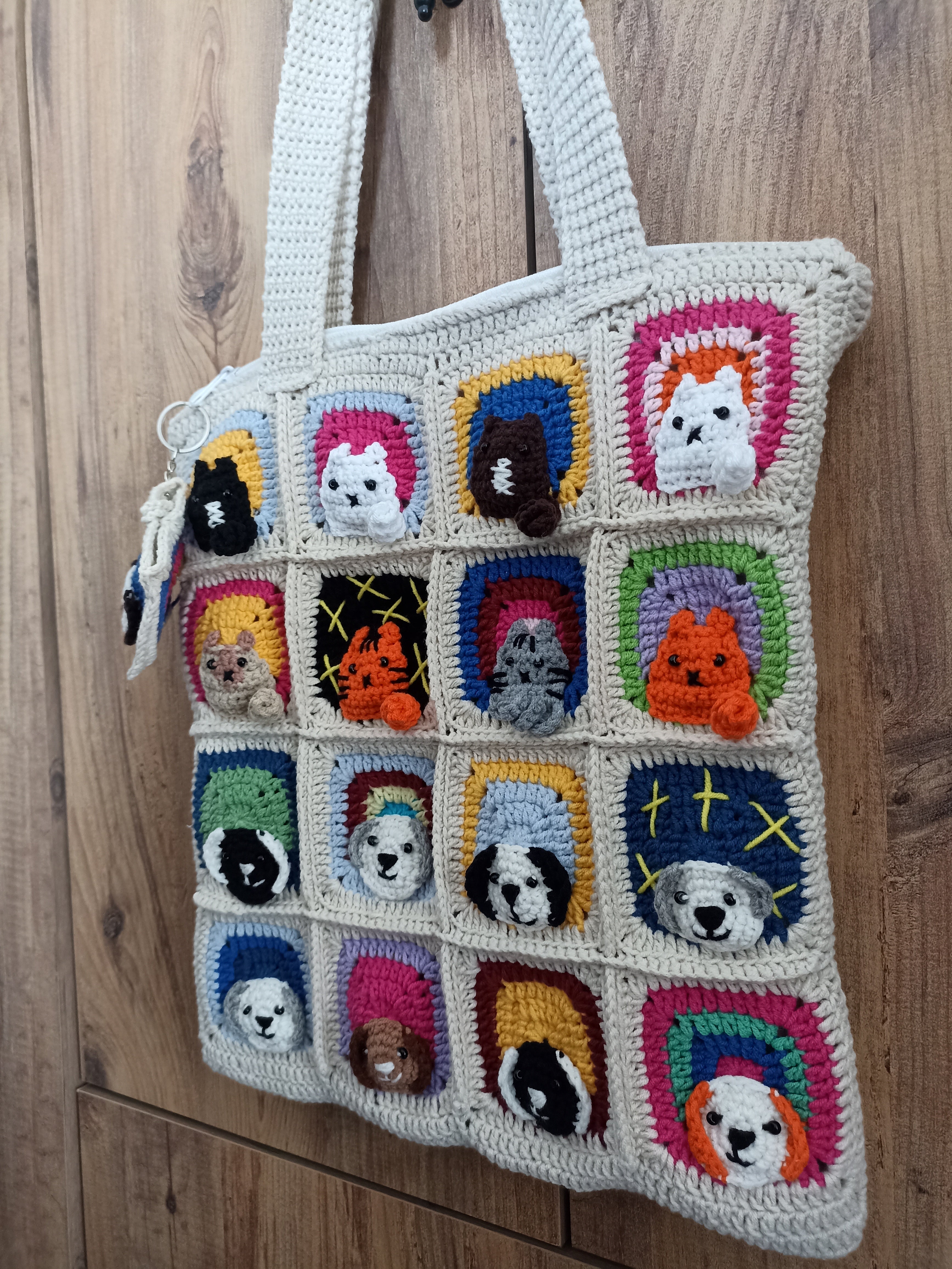 Kedi & Köpek Mix Motifli Örgü Çanta - Mini Cüzdan Hediyeli