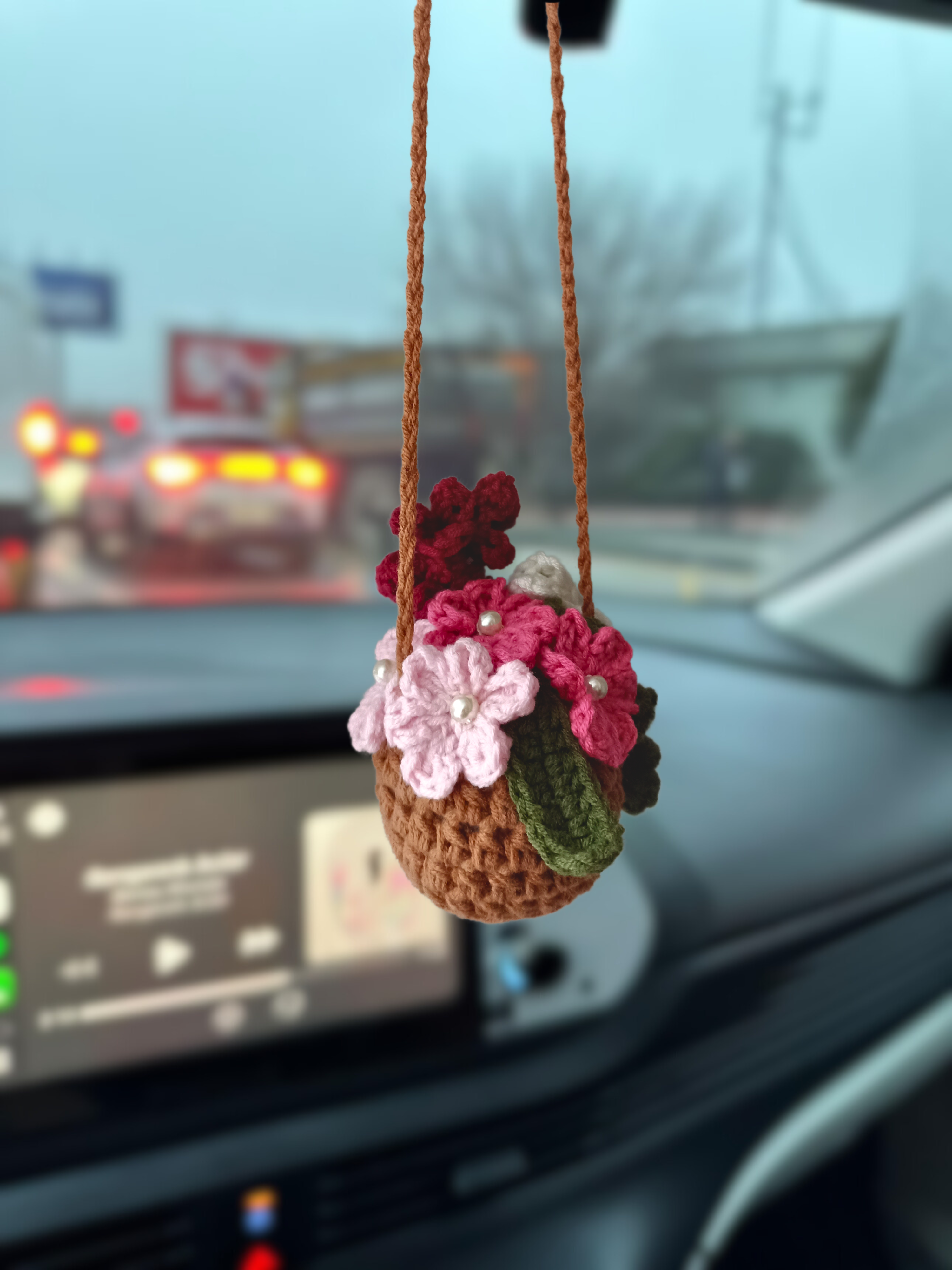 Pink Flower Rearview Mirror Ornament - Knitted Car Ornament and Decorative Ornament