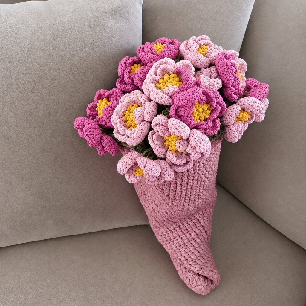 El Yapımı Gül Kurusu Pembe Tonlu Şakayık Buket Battaniye - 40 cm/80 cm/100 cm/120 cm