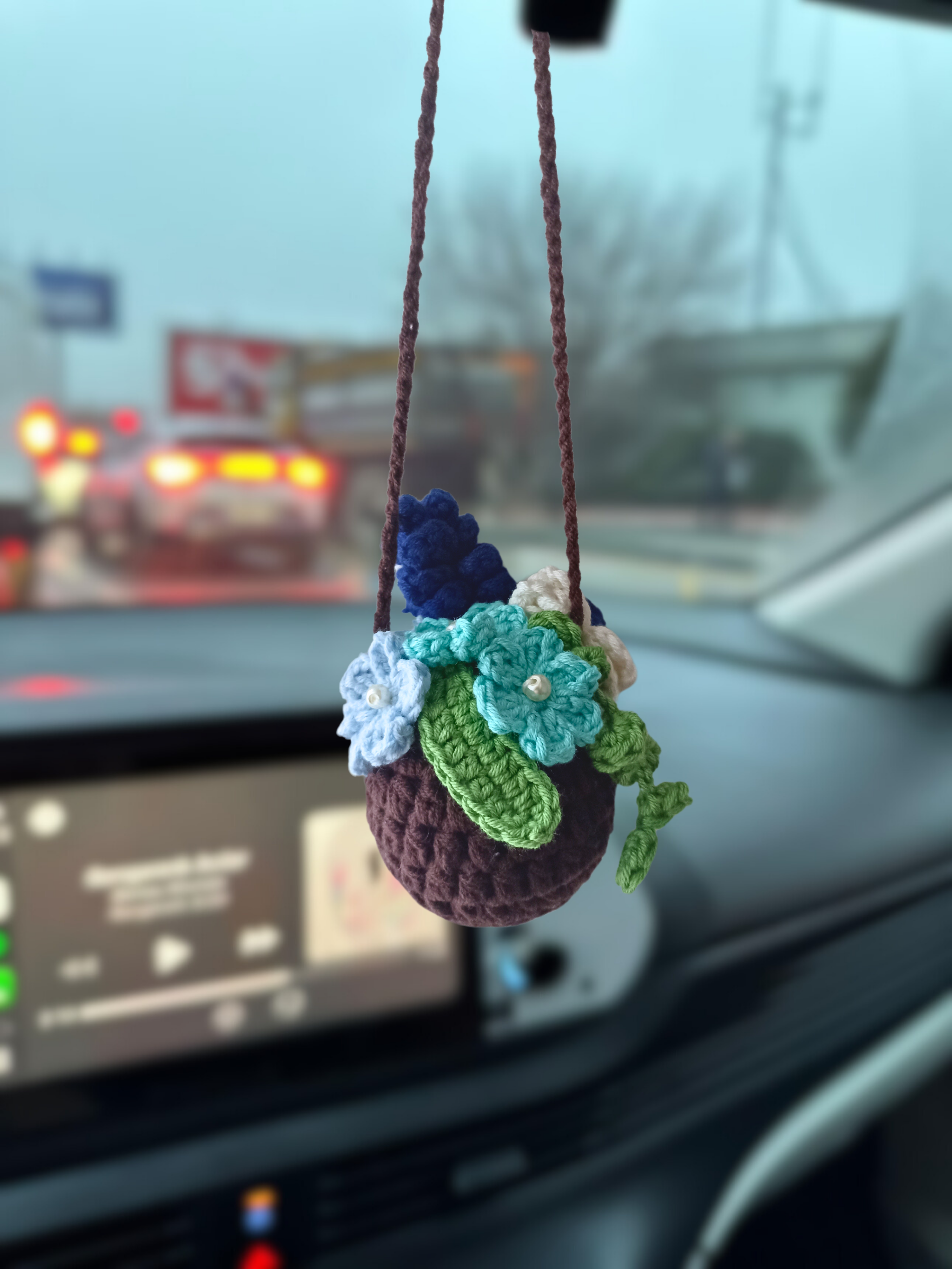 Blue Flower Rearview Mirror Ornament - Knitted Car Ornament and Decorative Ornament