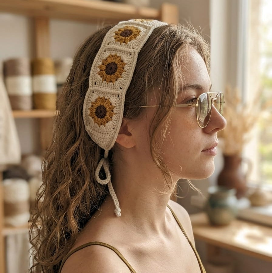 Ayçiçeği Saç Bandı / Tığ İşi Boho Bandana / Ekru / Örgü Ayçiçeği Motifli El Örgüsü Saç Bandı - El Yapımı Trend Şıklık