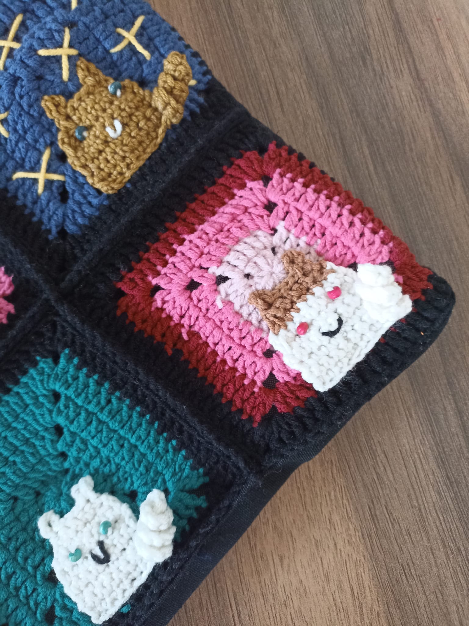 Kedili Örgü Makyaj Çantası/Kalemlik/Tablet Çantası - Siyah - Kedi Motifli Makyaj Çantası