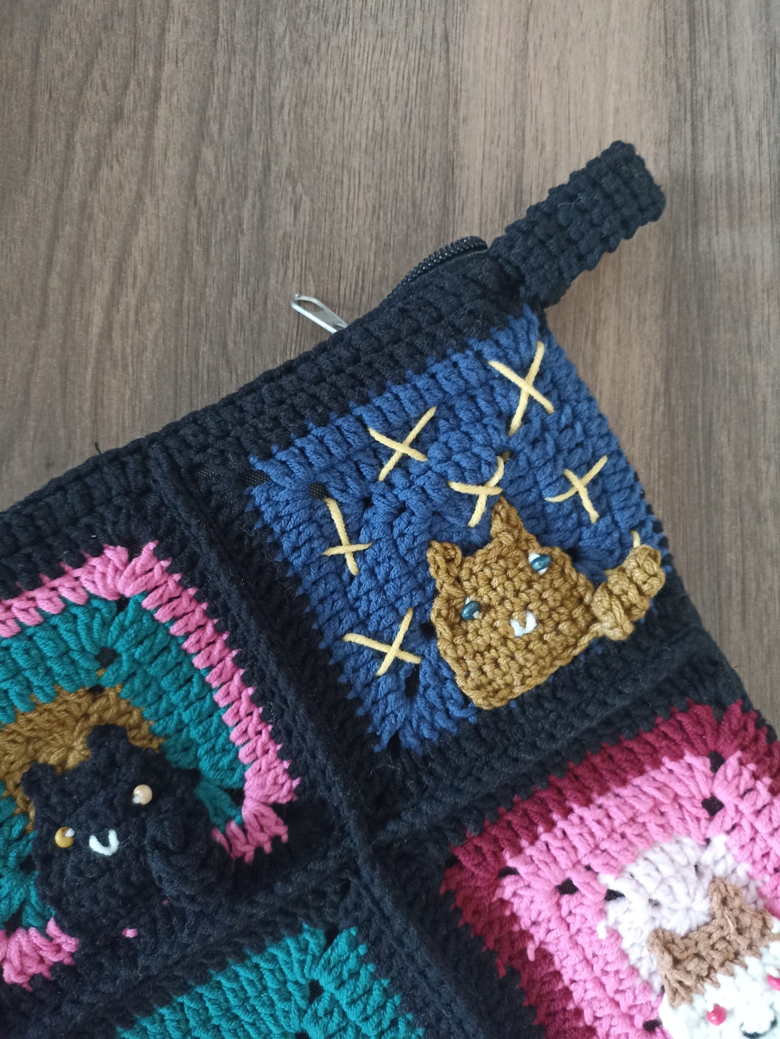 Kedili Örgü Makyaj Çantası/Kalemlik/Tablet Çantası - Siyah - Kedi Motifli Makyaj Çantası