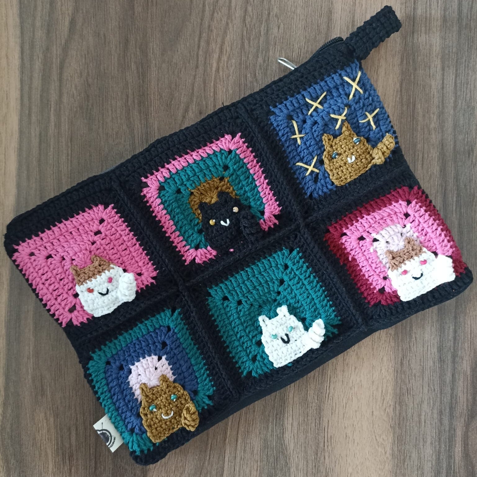 Kedili Örgü Makyaj Çantası/Kalemlik/Tablet Çantası - Siyah - Kedi Motifli Makyaj Çantası